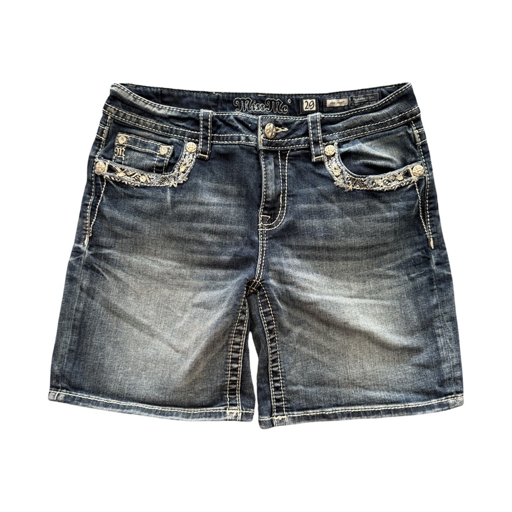 Miss Me Dark Blue Jean Shorts with Embellished Pockets